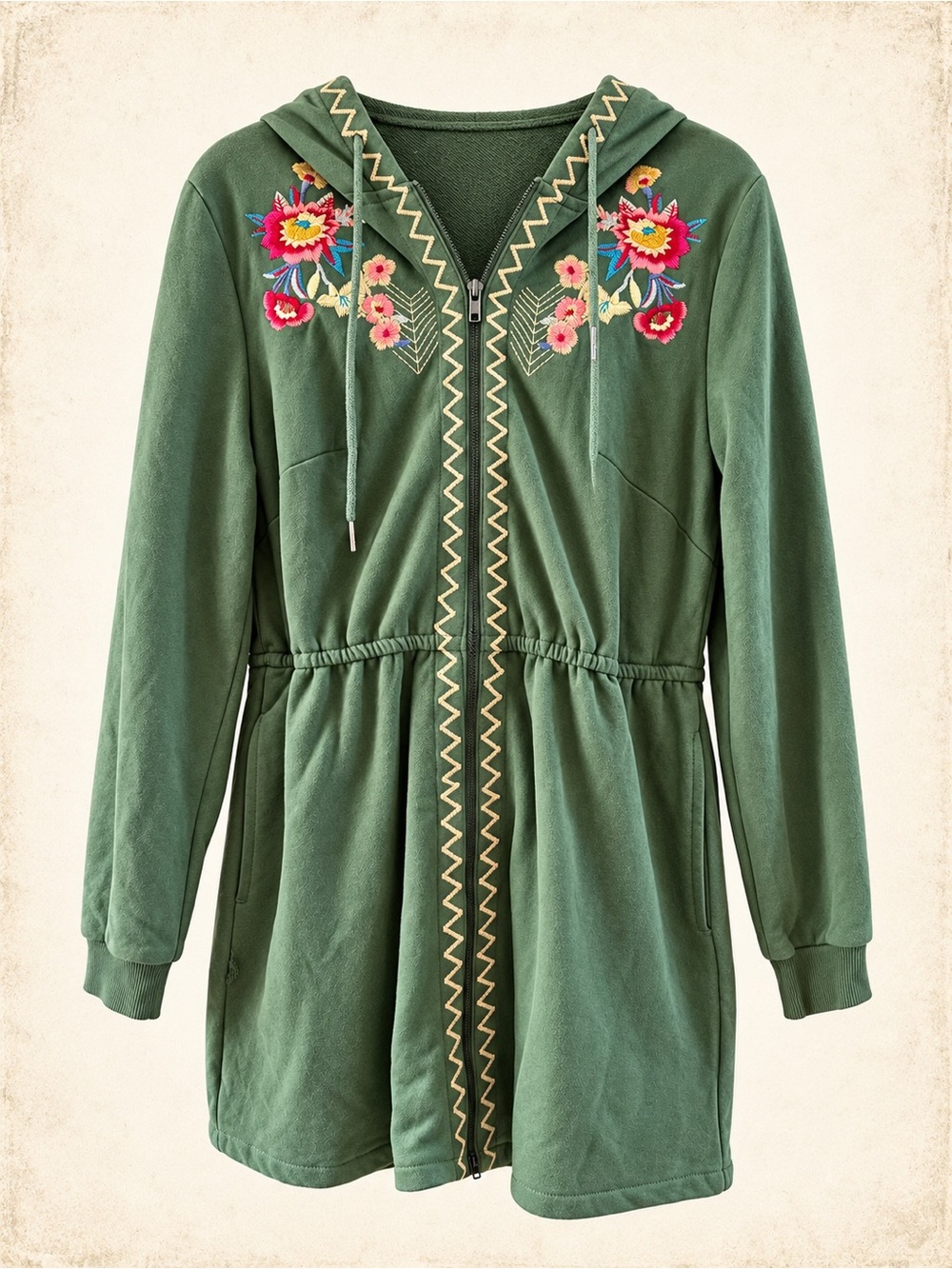 Solitaire Hooded Sweatshirt Jacket with Floral Embroidery - Picture 2 of 7